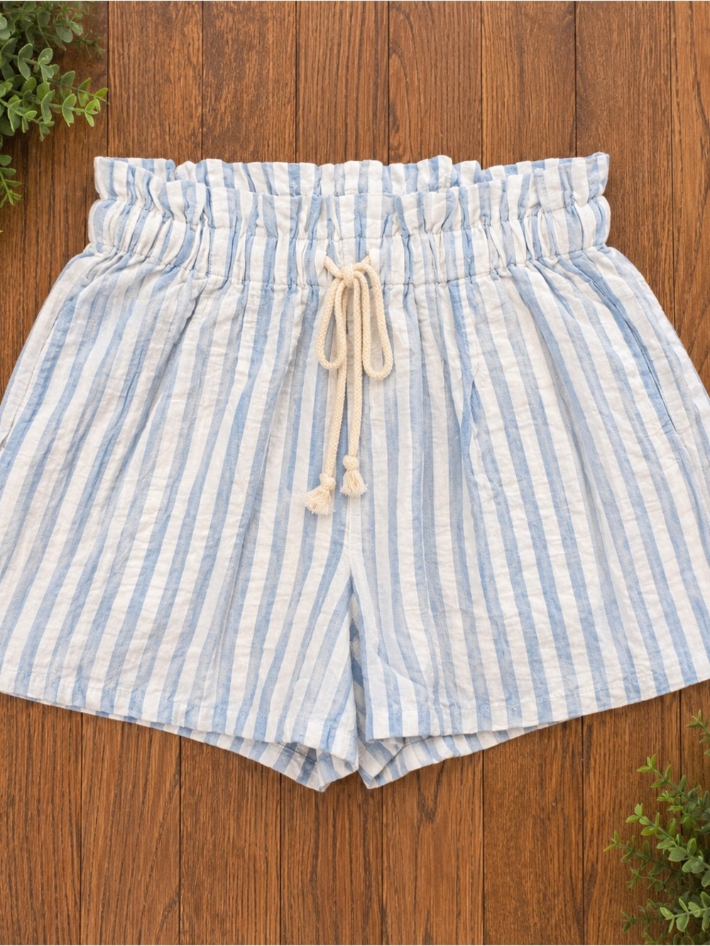 Urban Outfitters Blue and White Striped High Waist Paperbag Shorts